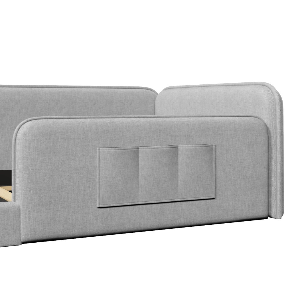 LETTO 90x200 cm in Lino Grigio con tasche laterali