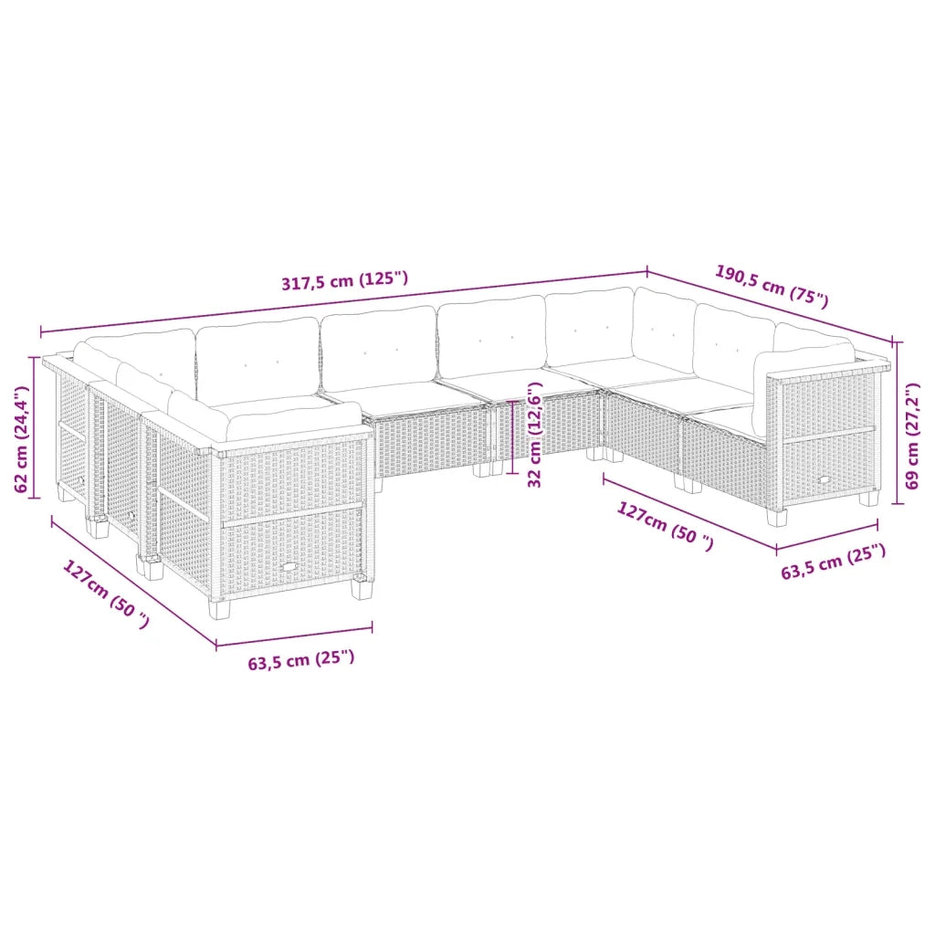 Set Divani da Giardino 9 pz con Cuscini Nero in Polyrattan