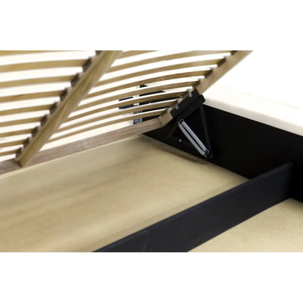 Letto contenitore VELORA – Perla – 180x200 cm – Tessuto velluto morbido – Rete sollevabile – Spazio di archiviazione integrato