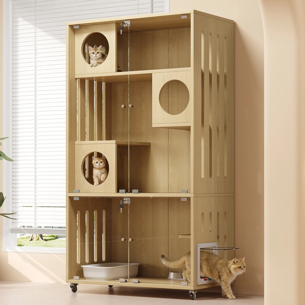 Mobile contenitore per gatti e cincillà con chiusura a chiave in mdf e vetro naturale a 3 livelli 90 × 50 × 166 cm