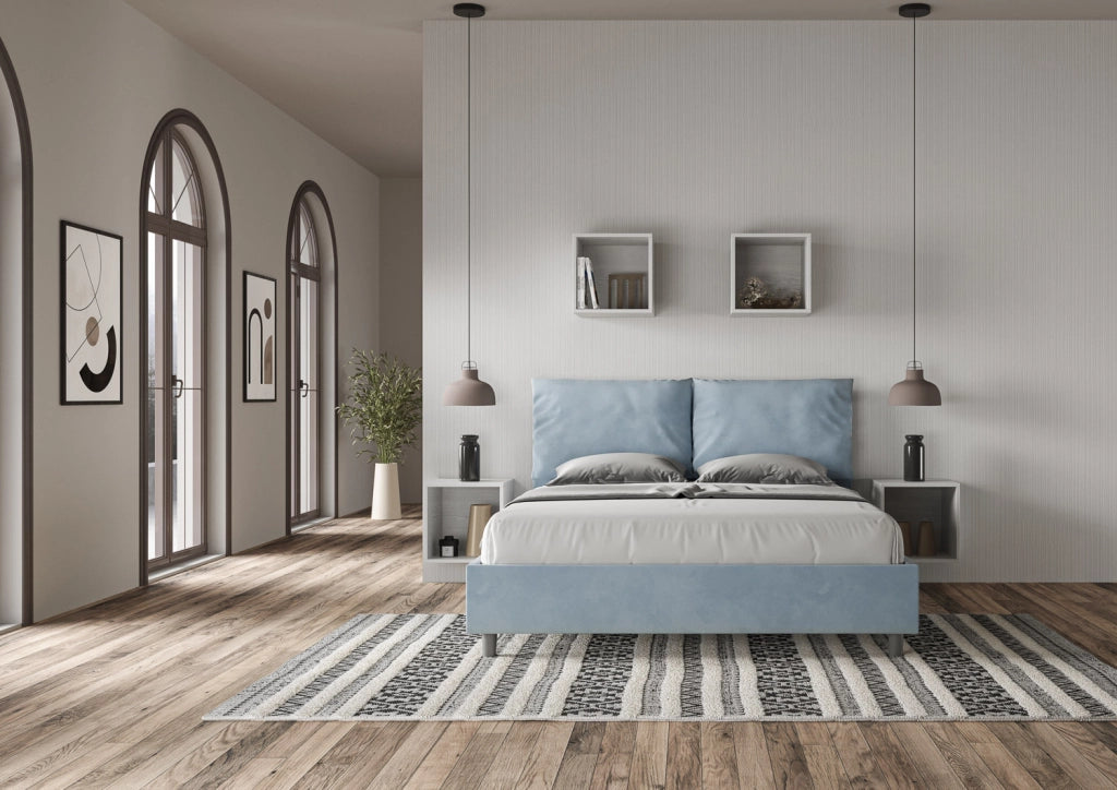 BS COM Letto queen size con rete imbottito 150x190 microfibra azzurro