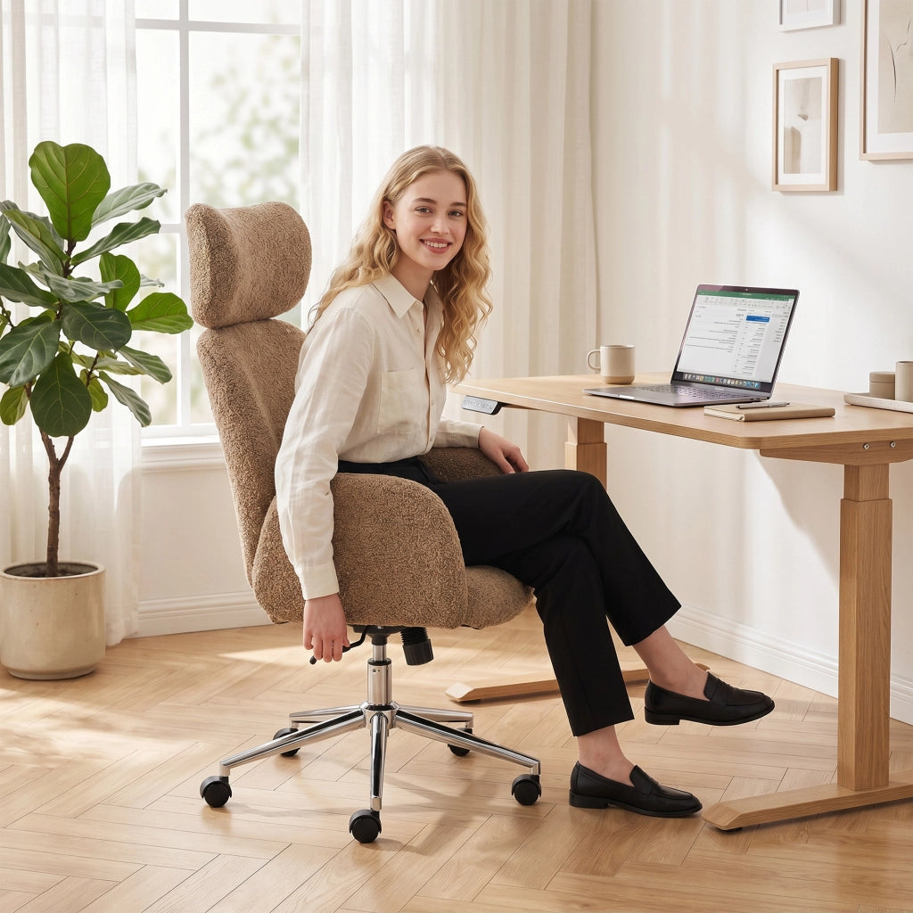 Sedia da ufficio ergonomica ¨C zephmum ¨C con schienale regolabile, braccioli e basculante, marrone