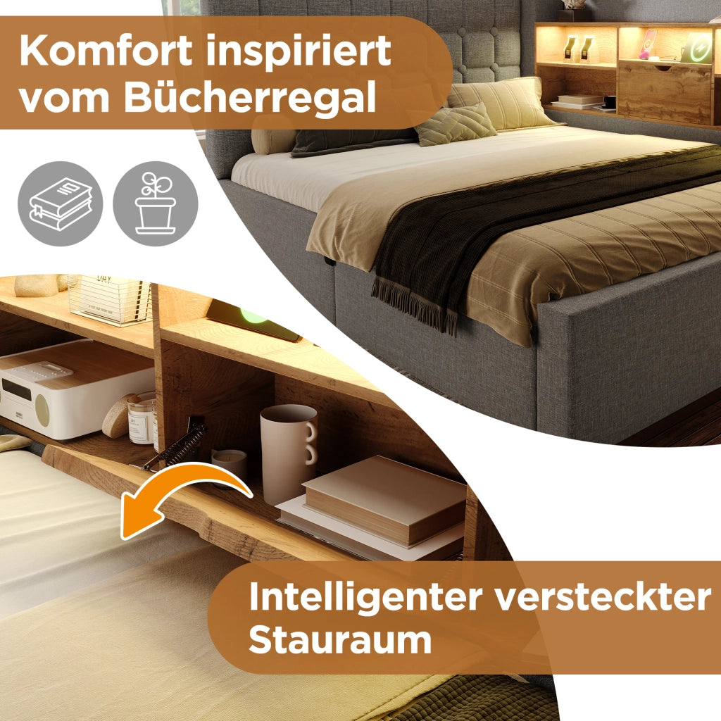 LETTO estraibile 90x200 cm in lino grigio con LED e porte USB