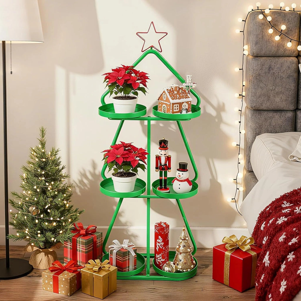 Porta Piante in Metallo, Supporto per Piante a 3 Livelli a Forma di Albero con Stella Rossa e Vassoi per Stoccaggio, Struttura in Metallo, Mensole Espositivo per Decorazioni Festive