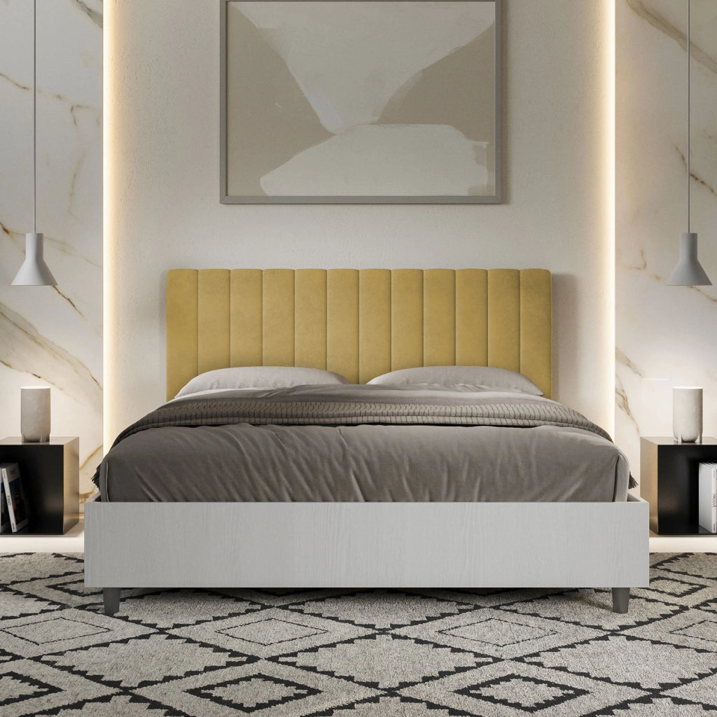 BS COM Letto matrimoniale con rete 160x200 bianco frassino testata microfibra ocra