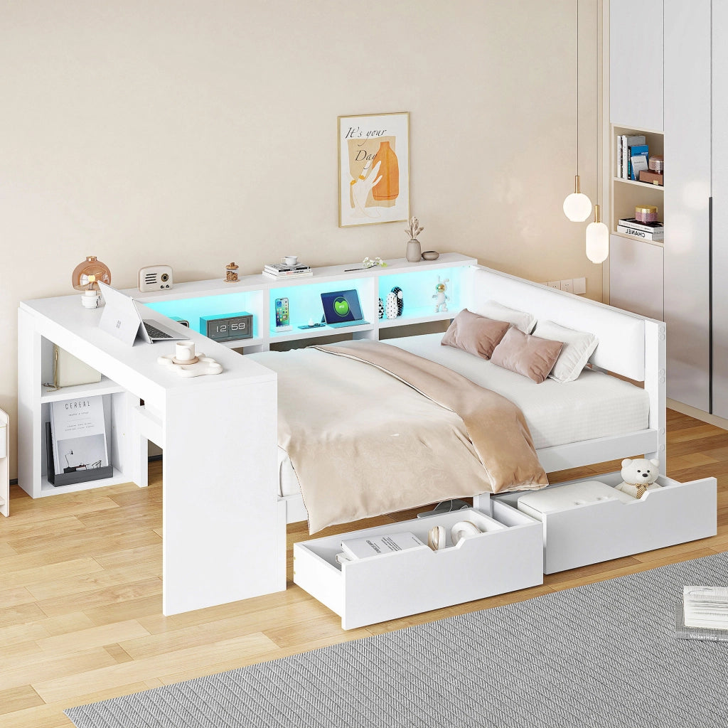 Letto legno 140x200 ripiani cassetti ricarica LED bianco