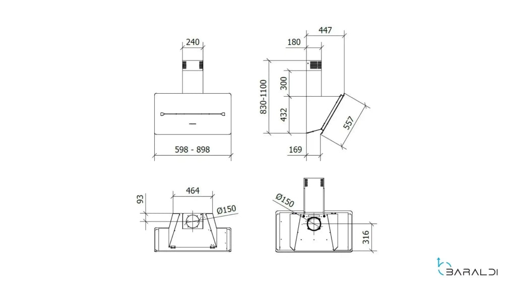 Cappa a parete ONE cm 90 - Nera - 800 m3/h
