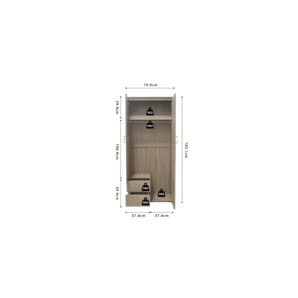 Armadio TOM 2 porte – Rovere Sonoma – Con specchio – L80 x H185 cm