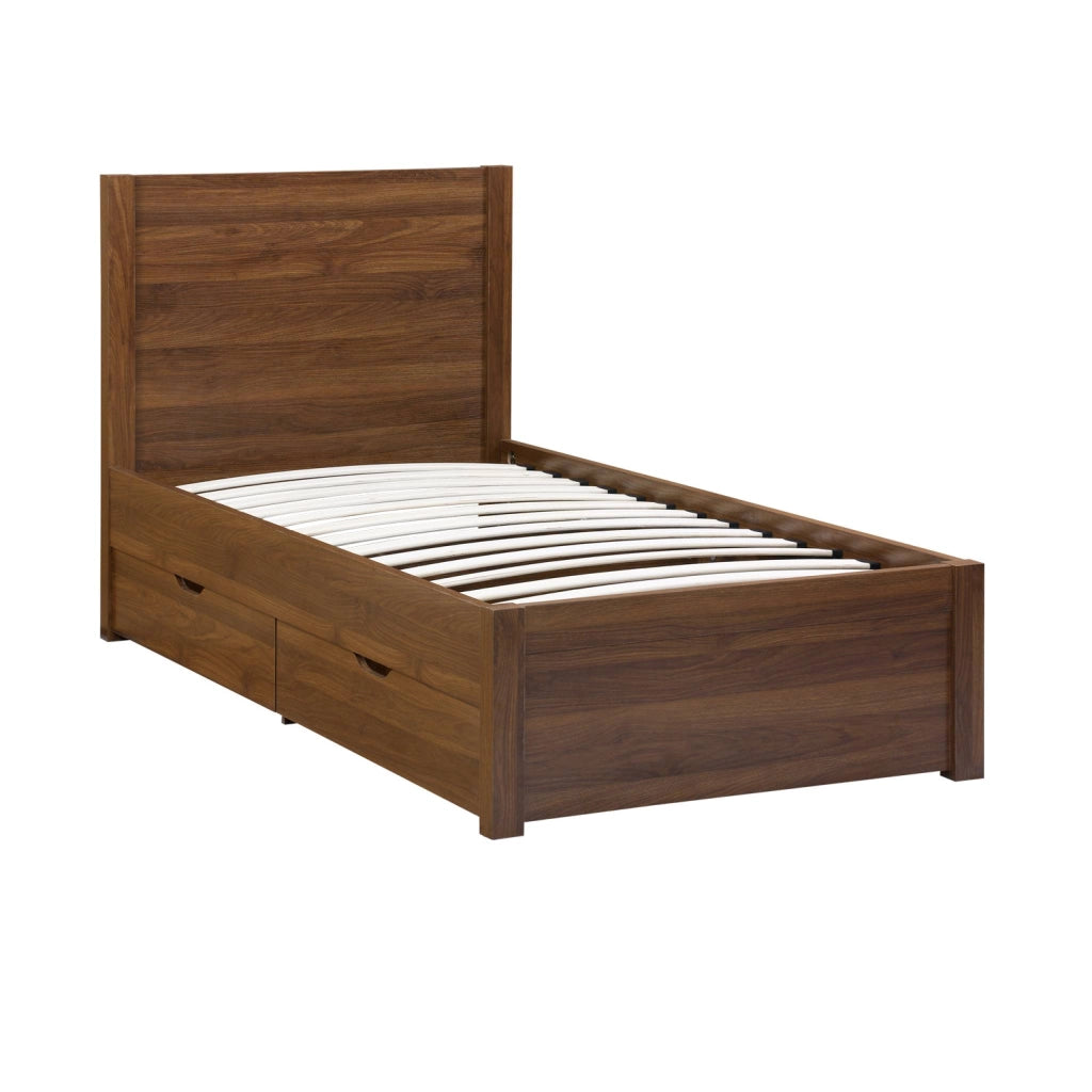 Letto con rete a doghe e testiera 90x190cm + 4 cassetti, noce