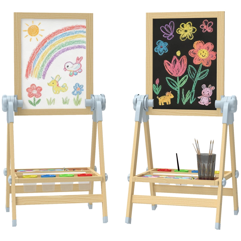 Cavalletto Doppia Faccia per Bambini ¨C Minimal ¨C Legno Naturale, Bianco e Grigio, Regolabile in Altezza, con Rotolo di Carta e Ripiano