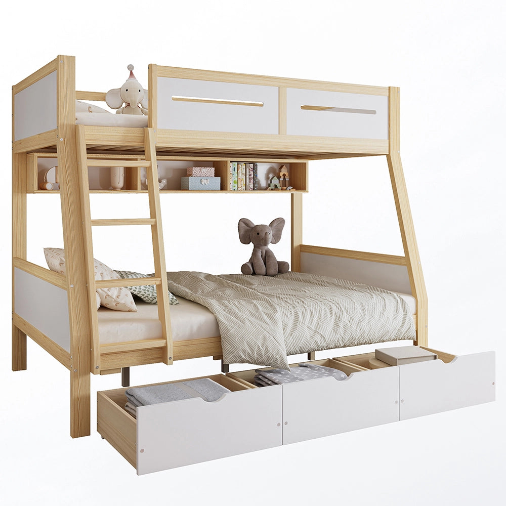 Letto a castello-Xylo-90x200+120x200cm, 3 cassetti, libreria 2m