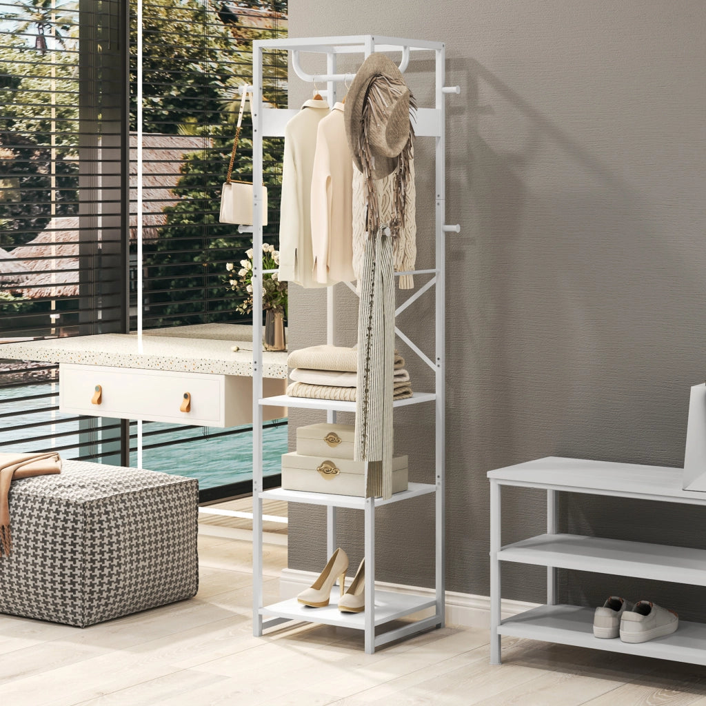 Appendiabiti con Asta e 2 Ripiani Aperti ¨C Minimal ¨C Bianco e Legno 38.5x30x170 cm