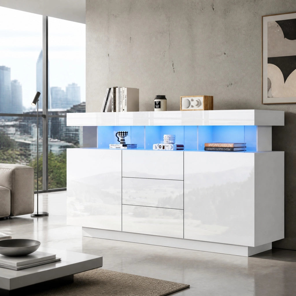 CREDENZA MADIA 140x35x80 cm bianca lucida con LED e 3 cassetti