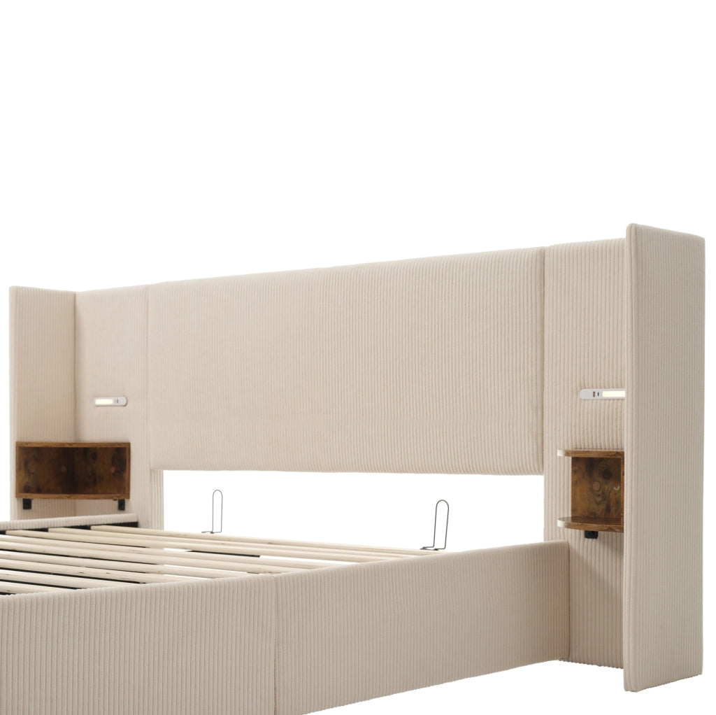 Letto matrimoniale 160x200 cm in tessuto corduroy beige con contenitore; lampada e USB-C