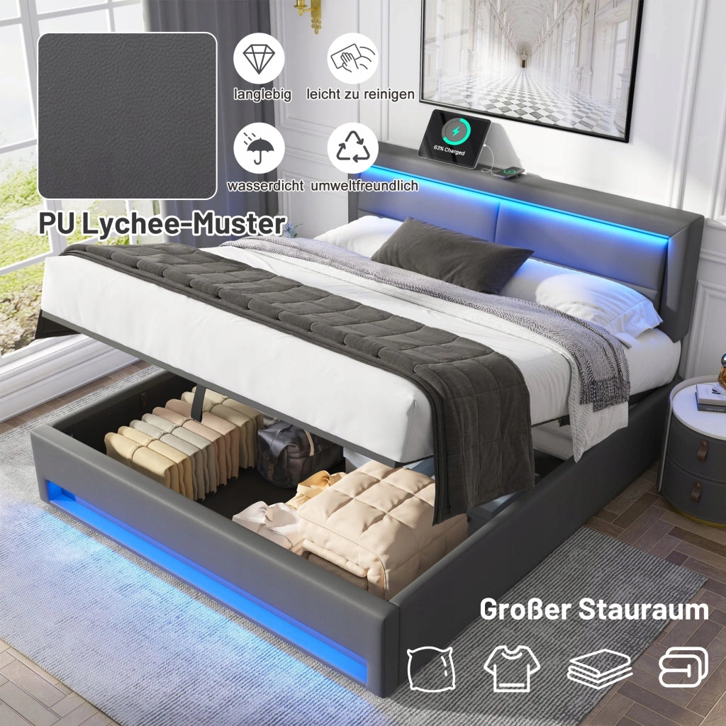Letto imbottito 140x200 grigio, LED, USB, ripostiglio - Xylo