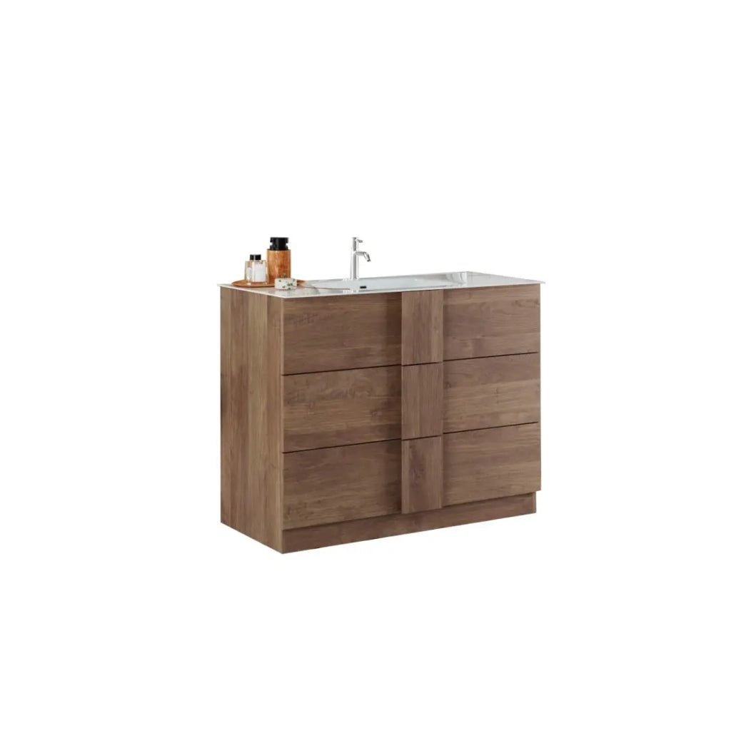 Mobile da bagno con 1 lavabo e 3 cassetti, lunghezza 101cm, collezione FRASSI. Colore rovere chiaro.