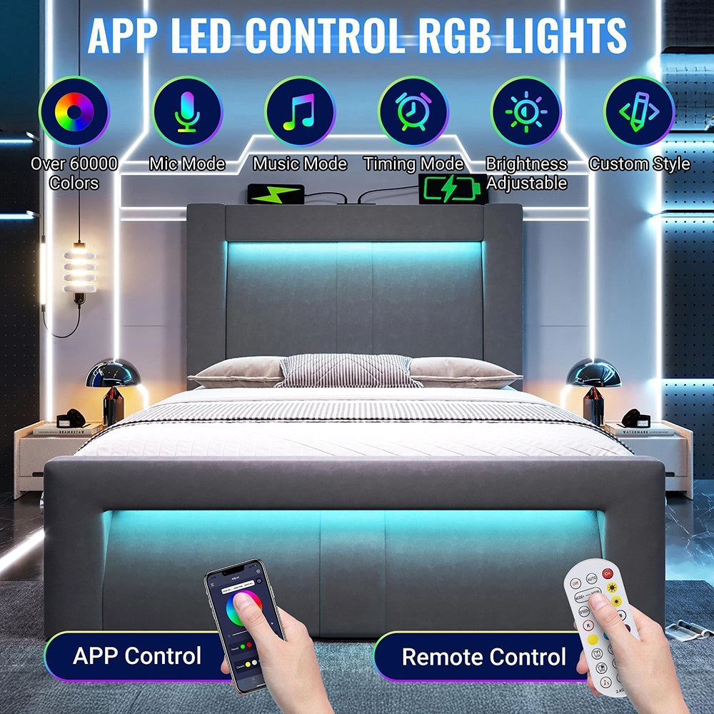 Letto-Xylo-90x200cm idraulico LED USB-C velluto testiera curva grigio