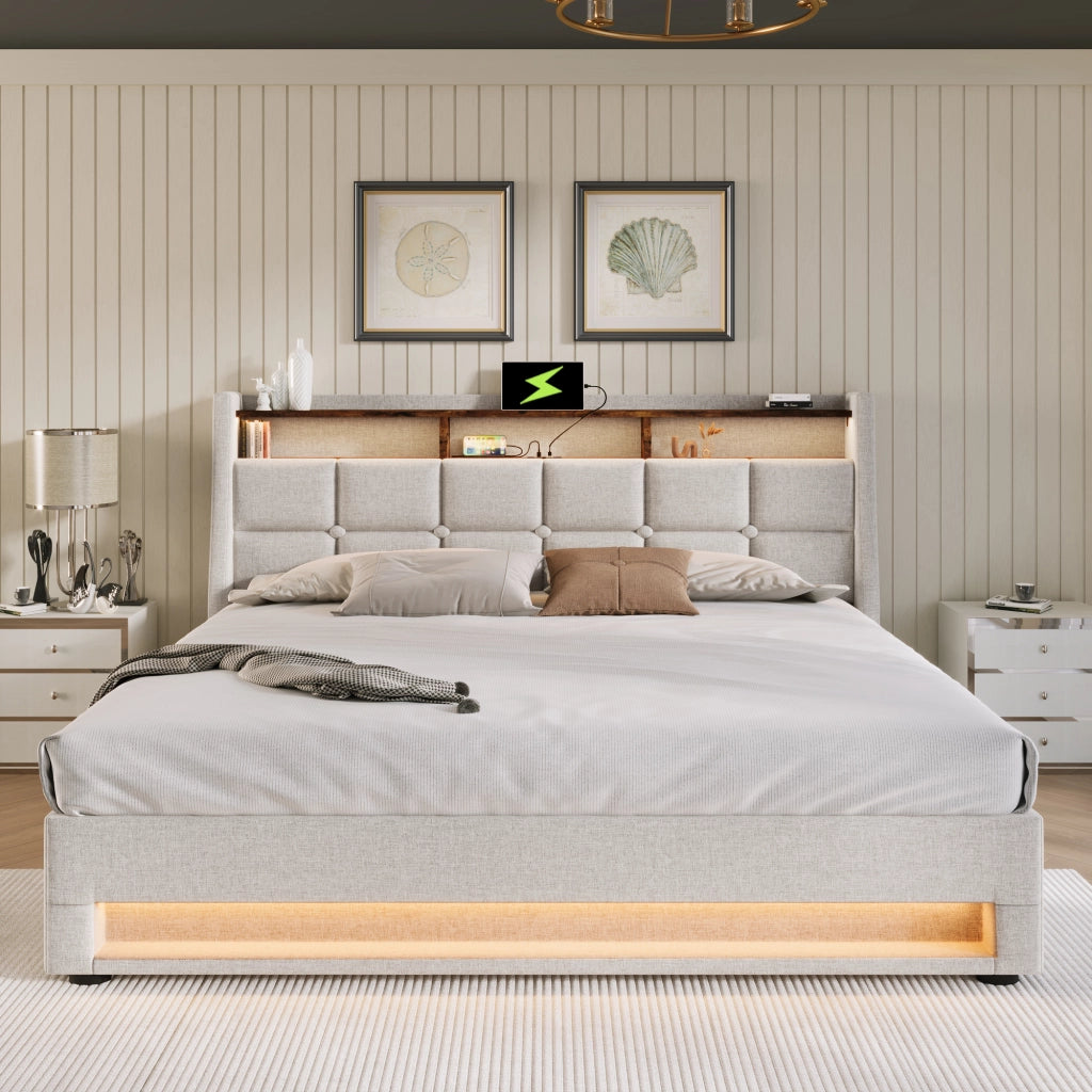 LETTO Contenitore 180x200 cm Beige in lino con USB e LED
