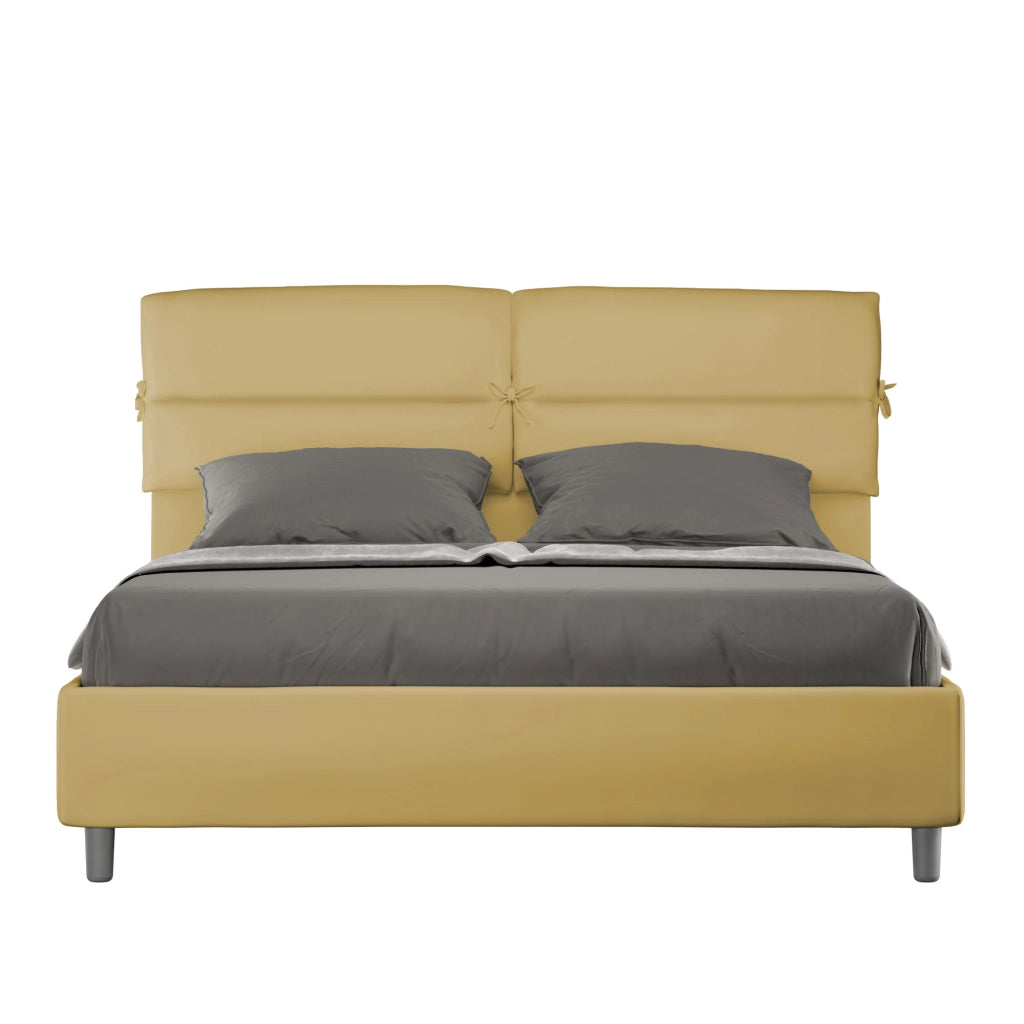 Letto Matrimoniale 160x210 cm con Rete e Contenitore con Testata e Alzata Comoda Imbottito in Microfibra Nandy Ocra