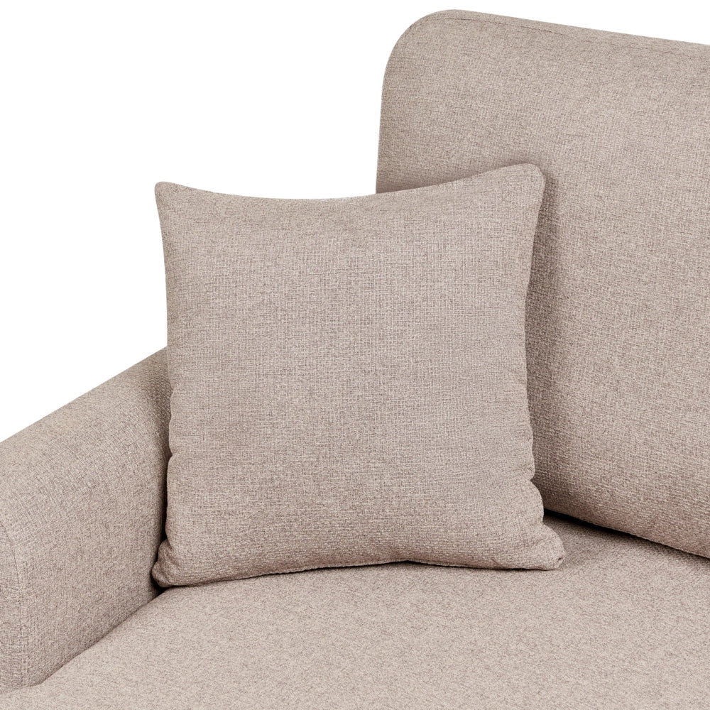 Divano letto angolare con contenitore lato destro marrone chiaro rivestimento in poliestere effetto lino contenitore cuscini design moderno