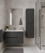 Mobile Bagno HEIMDALL Già Montato 2 cassetti e porta, lavabo e specchio Grafite 100x45 cm con colonna