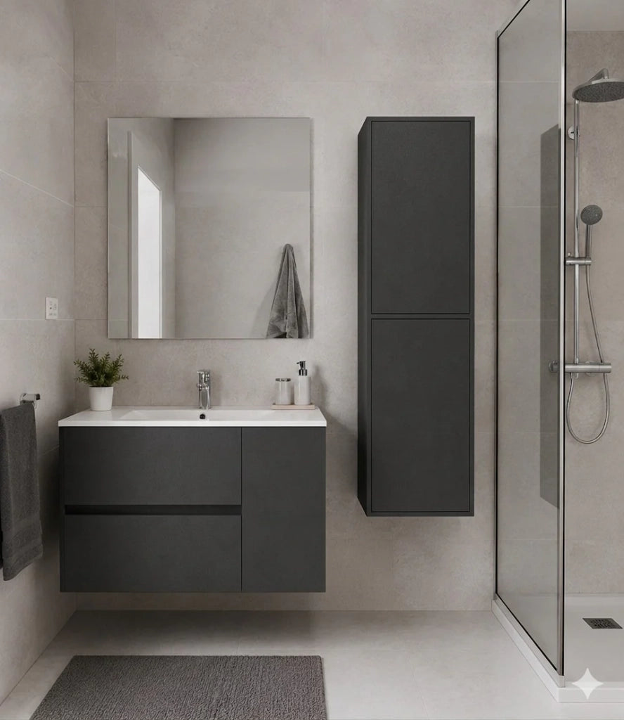 Mobile Bagno HEIMDALL Già Montato 2 cassetti e porta, lavabo e specchio Grafite 100x45 cm con colonna