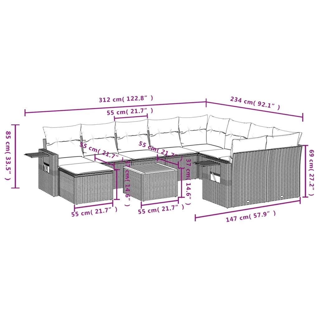 Set Divani da Giardino 11 pz con Cuscini in Polyrattan Nero 3224852