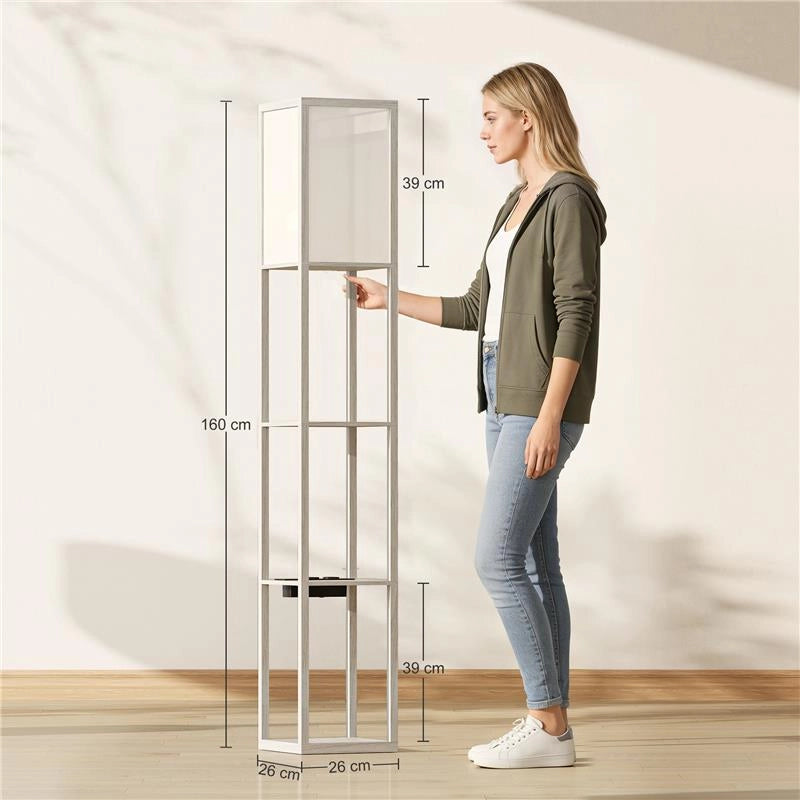 LAMPADA DA TERRA CON RIPIANI, LUCE REGOLABILE, INTERRUTTORE A PEDALE E PORTE USB, BIANCO E ROVERE