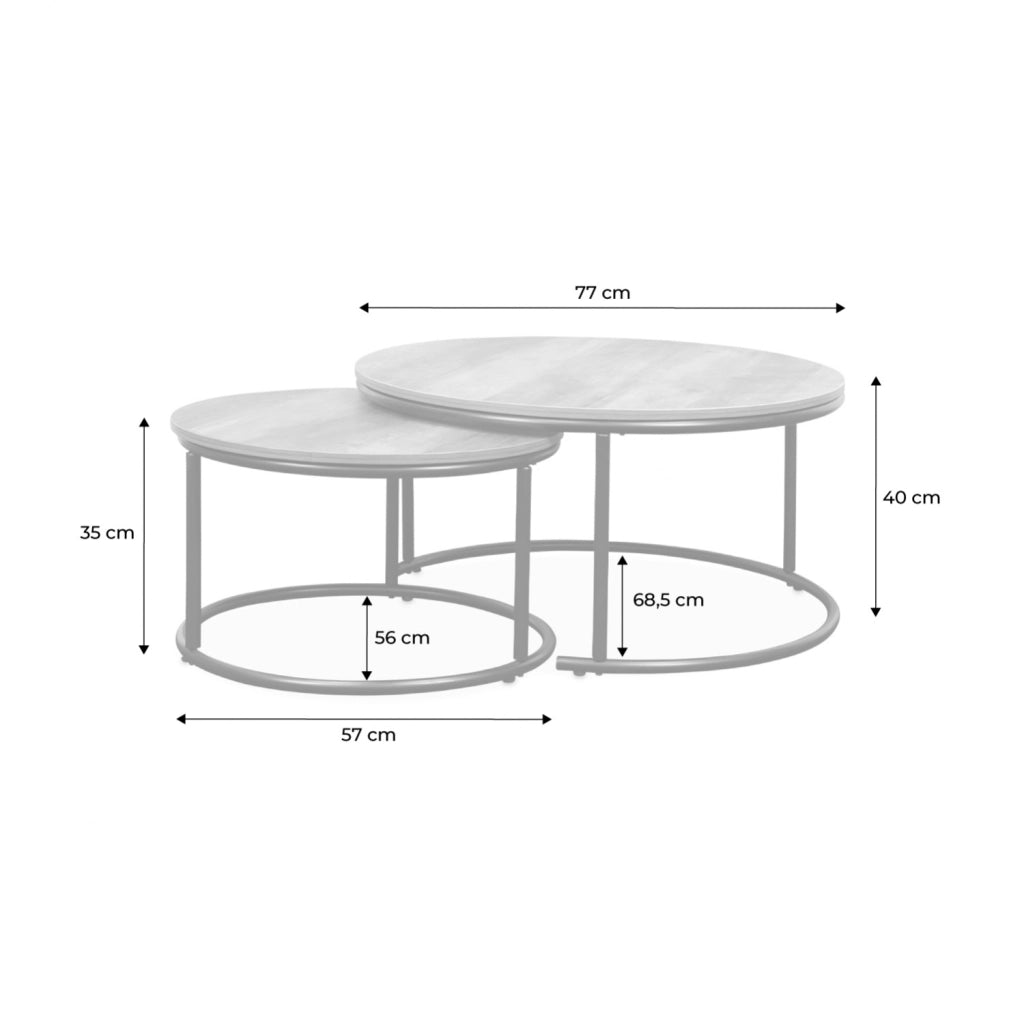 Set di 2 tavolini rotondi in metallo e legno, marrone naturale