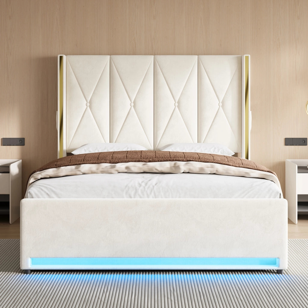 Letto Contenitore Imbottito con LED, USB e Sistema Idraulico ¨C MINIMAL ¨C Velluto, 160x200