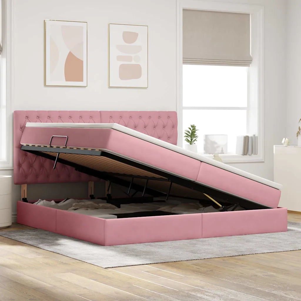 Letto con contenitore e materasso Rosa 200 x 200 cm Velluto