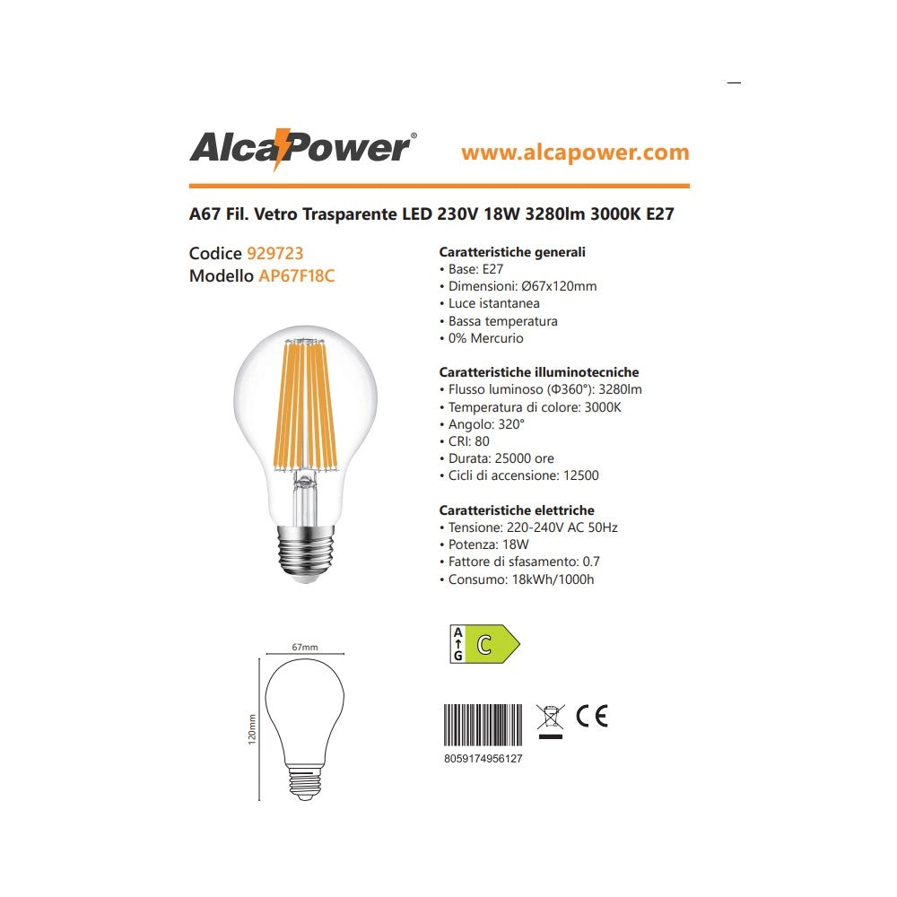 Alca power a67 18w 220v 3280lm 3000k e27 lampada classica a filamento a led