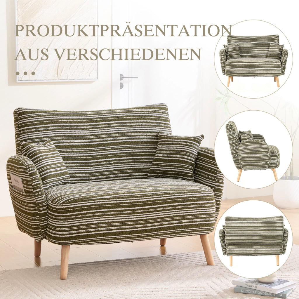 Divano 2 Posti con Tasche laterali e Braccioli imbottiti; in Bouclé Verde Oliva 121 × 81.5 × 87 cm
