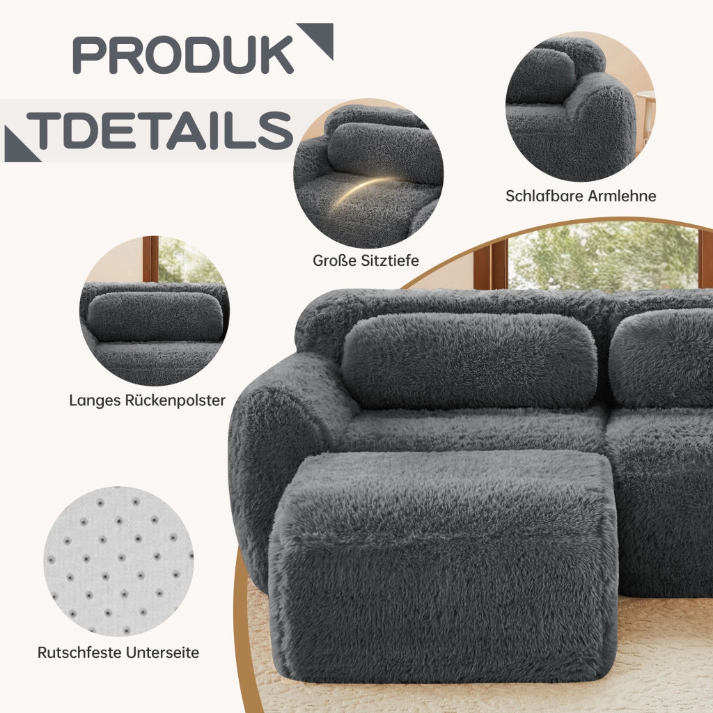 Divano Modulare a U con Pouf; Supporto Ergonomico e Base Antiscivolo; in Peluche; Grigio