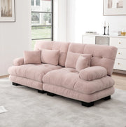 Divano modulare in chenille rosa; design cloud con cuscini decorativi e cuscini lombari