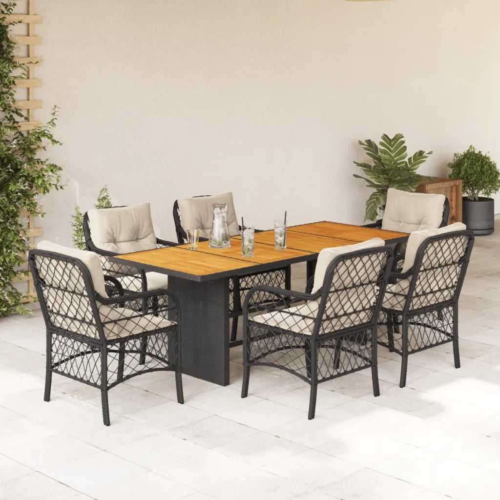 Set da Pranzo da Giardino 7 pz Nero con Cuscini in Polyrattan