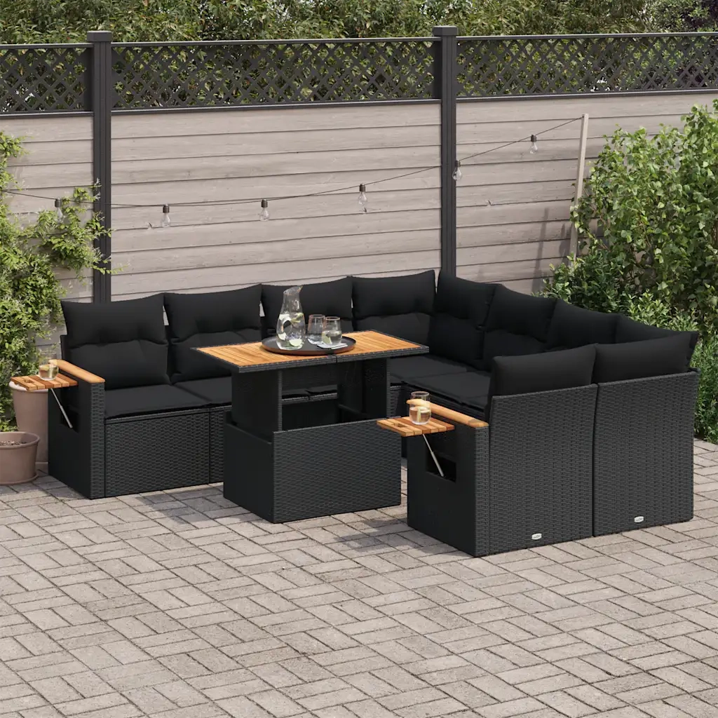 Set Divani da Giardino 9 pz con Cuscini Nero Polyrattan Acacia 3327576