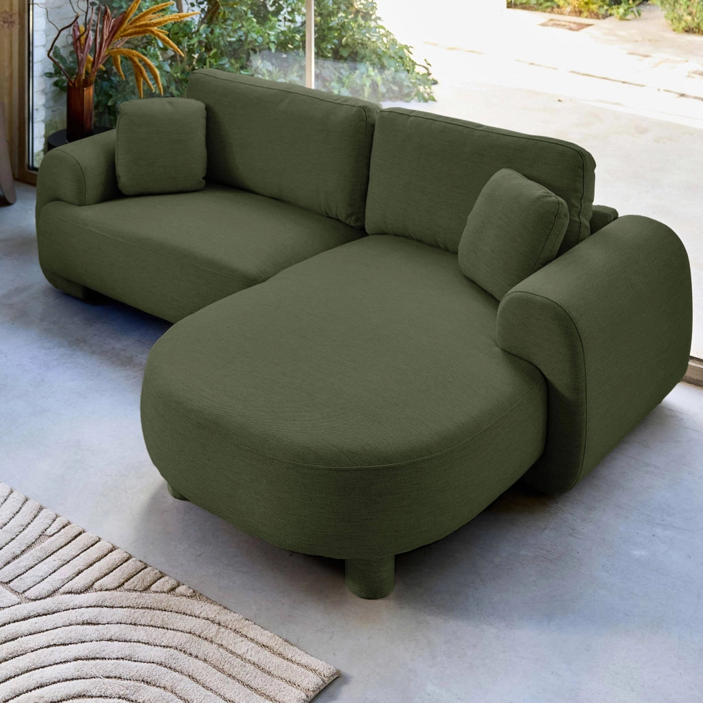 Divano angolare destro in tessuto con piedi tondi, 3 posti, verde kaki