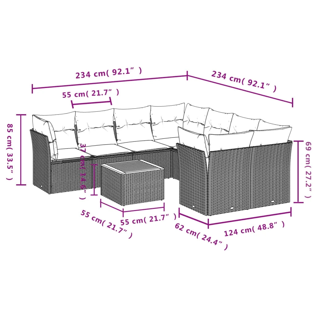 Set Divano da Giardino 9 pz con Cuscini Beige in Polyrattan