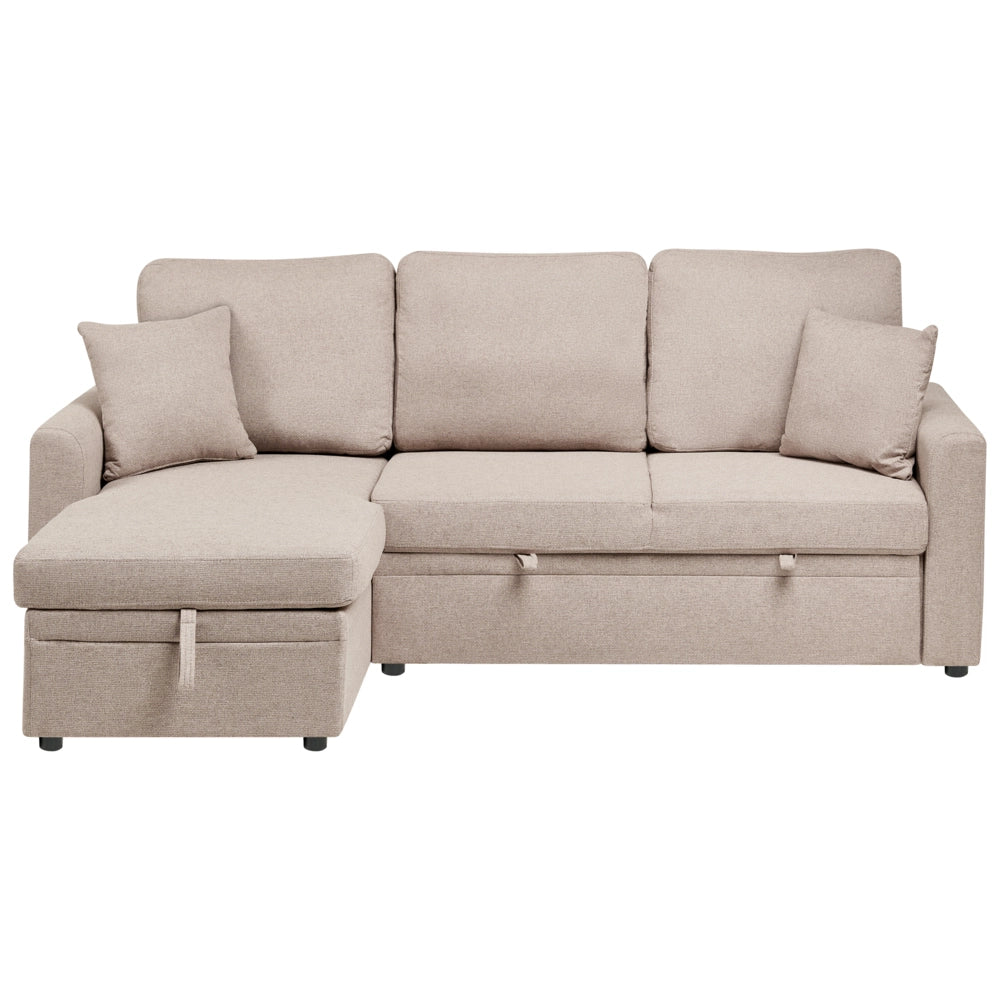 Divano letto angolare con contenitore lato destro marrone chiaro rivestimento in poliestere effetto lino contenitore cuscini design moderno