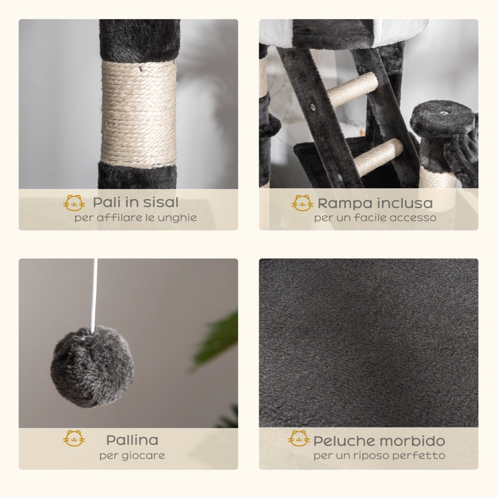 Albero Tiragraffi per Gatti Multilivello con Cucce e Amache ¨C Minimal ¨C Grigio Scuro e Bianco