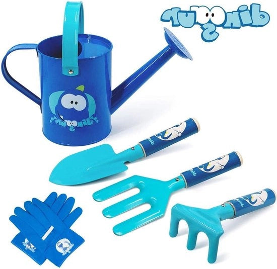 Set di giardinaggio per bambini - 5 pezzi - Giardinaggio metallico per bambini - Incluso giardino metallico - Manico in legno - Vanga forca paletta guanti - Set di giardinaggio per bambini blu