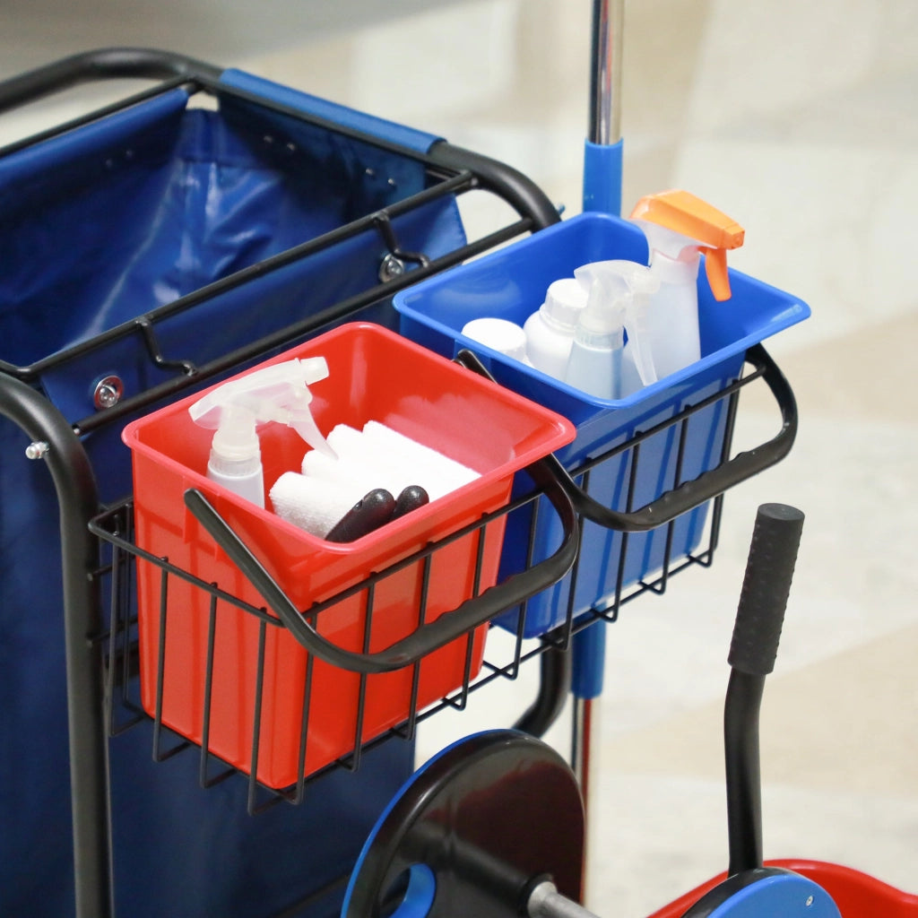 Carrello Pulizie Professionale 4 Secchi Strizzatore e Sacco Rosso Blu e Nero