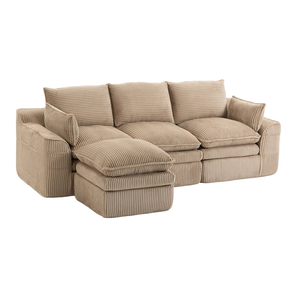 Divano modulare 3 posti in tessuto corduroy khaki con pouf, tasche laterali e cuscini