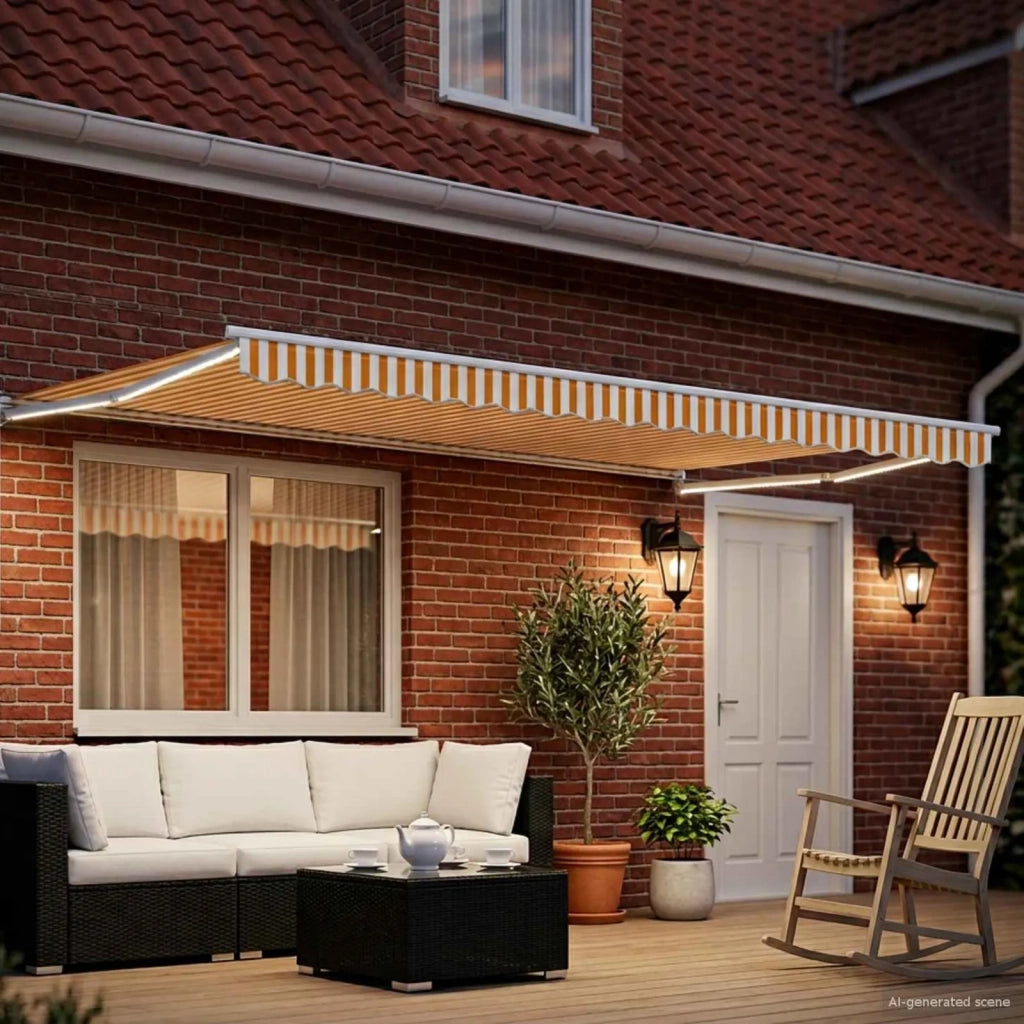 Tenda retrattile manuale con LED-Tenda parasole per balcone Giallo e Bianco 4 ¡Á 3 m