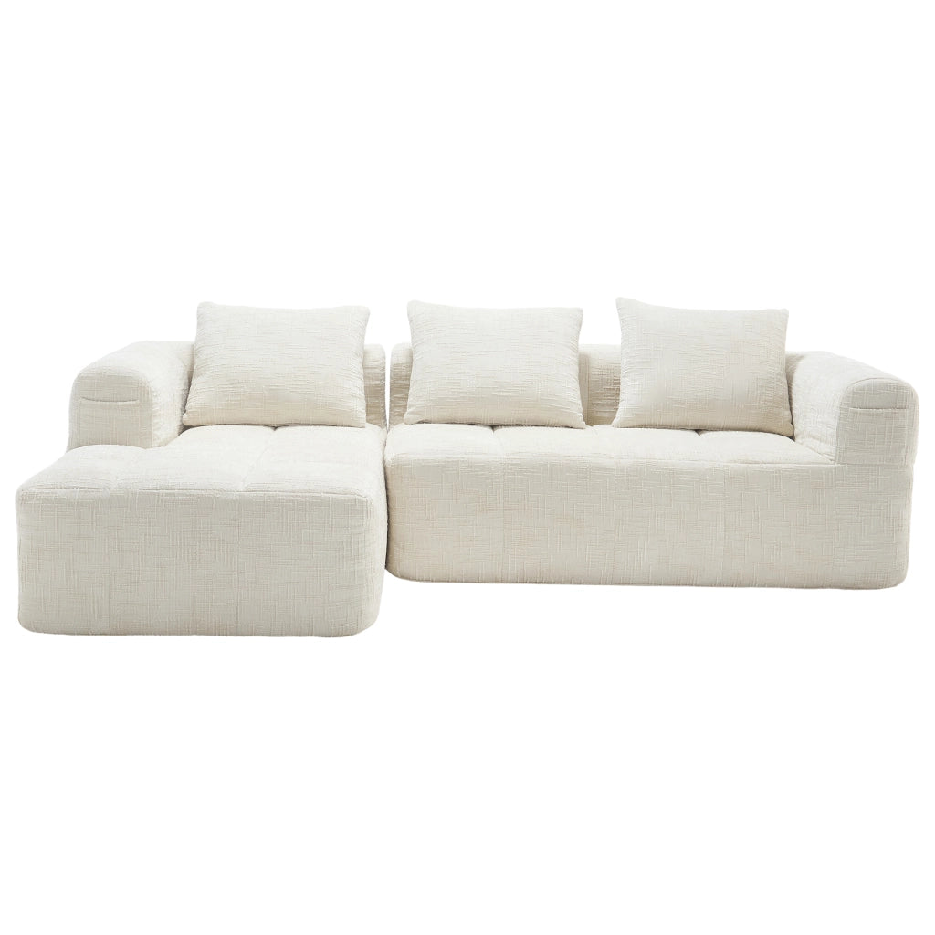 Divano Angolare 3 Posti con Chaise Longue ¨C MINIMAL ¨C Chenille Beige, Cuscini, Braccioli
