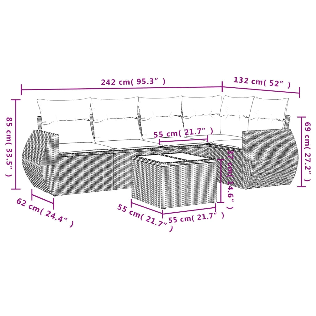 Set Divano da Giardino 6 pz con Cuscini Beige in Polyrattan