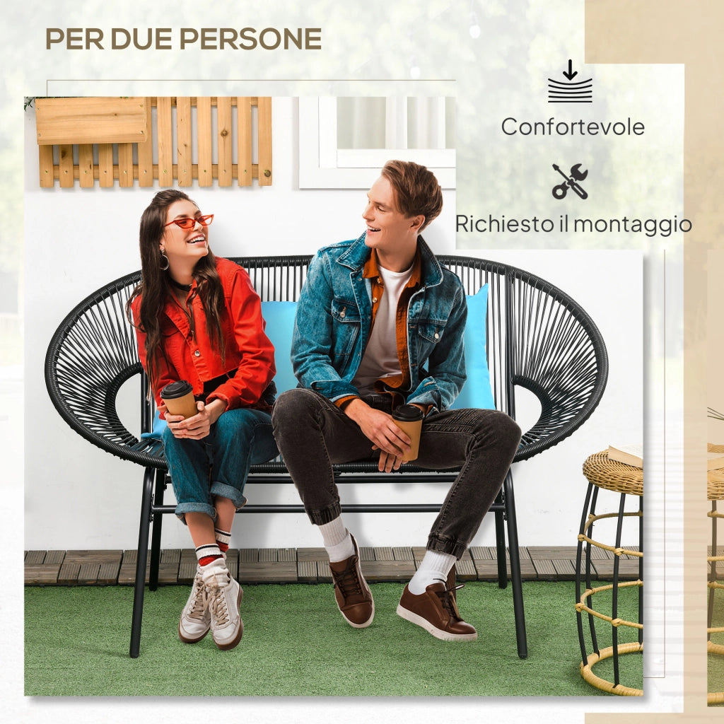 Divano da Giardino 2 Posti in Rattan PE e Acciaio con Cuscini e Braccioli, 132x72x83 cm, Nero