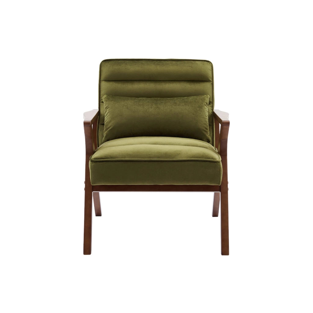 Poltrona scandinava in legno di hevea e velluto, verde kaki
