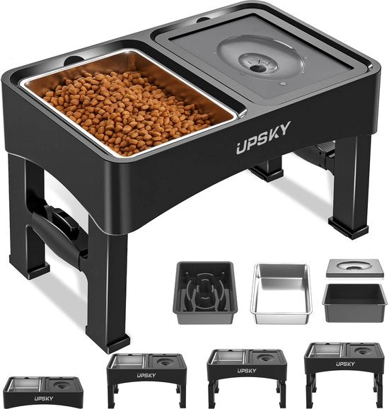 3-in-1 vasche per cani elevate, alimentatore lento, supporto per vasche per cani elevabile in 4 altezze, vasca per acqua per cani senza morso e dispensatore per cibo per cani in acciaio inossidabile per cani piccoli, medi e grandi